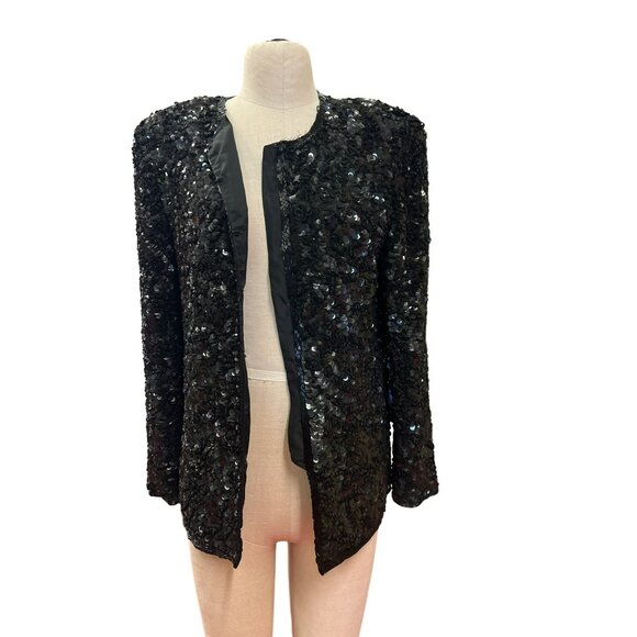 Vintage Laurence Kazar Black Sequined Long-Sleeve Jacket Blazer Evening Coat For - Picture 9 of 13